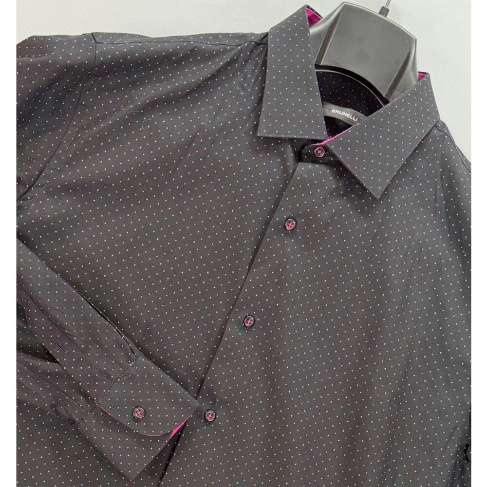 Brunelli Mens XL 17.5 Black Button Down Long Sleeve Dress Shirt Polka Dot